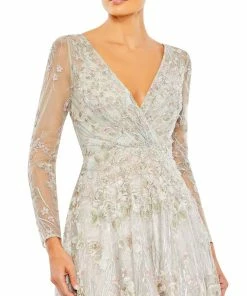 Mac Duggal Shop For Embellished Wrap Over Illusion Long Sleeve A Line Gown