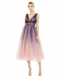 Mac Duggal Ombre Sleeveless V Neck Midi Dress Cocktail Dresses
