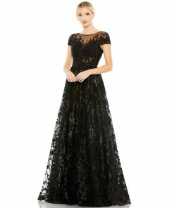Mac Duggal Embellished Floral Cap Sleeve A Line Gown