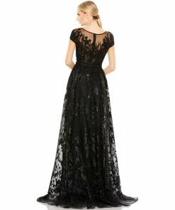 Mac Duggal Embellished Floral Cap Sleeve A Line Gown
