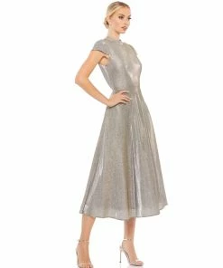 Ieena For Mac Duggal Shop For Metallic Cap Sleeve Tea-Length Dress