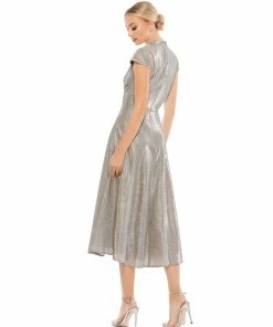 Ieena For Mac Duggal Shop For Metallic Cap Sleeve Tea-Length Dress