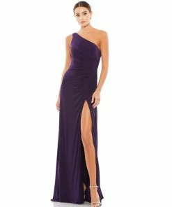 Ieena For Mac Duggal One Shoulder Ruched Jersey Evening Gown