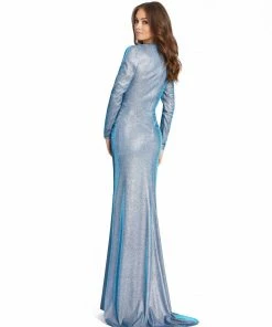 Ieena For Mac Duggal Metallic Twist Front Plunging Long Sleeve Gown Shop For