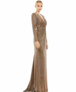 Ieena For Mac Duggal Metallic Twist Front Plunging Long Sleeve Gown Shop For