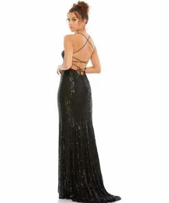Ieena For Mac Duggal Stretch Sequin Lace Up Back Evening Gown