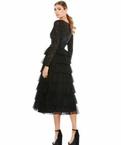 Ieena For Mac Duggal Shop For Black Sequined Layered Tulle A-Line Cocktail Dress