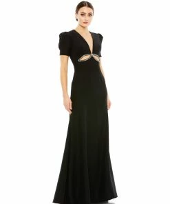 Ieena For Mac Duggal Puff Sleeve Embellished Cutout Evening Gown