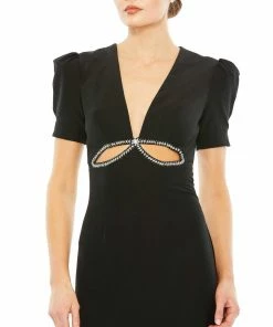 Ieena For Mac Duggal Puff Sleeve Embellished Cutout Evening Gown