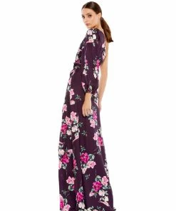 Ieena For Mac Duggal Plum Floral Print One Sleeve Gown
