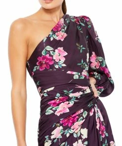 Ieena For Mac Duggal Plum Floral Print One Sleeve Gown