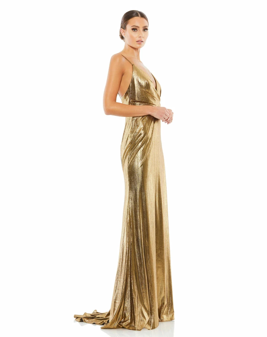 Ieena For Mac Duggal Shop For Metallic Faux Wrap Spaghetti Strap Gown 4 Ieena For Mac Duggal Shop For Metallic Faux Wrap Spaghetti Strap Gown
