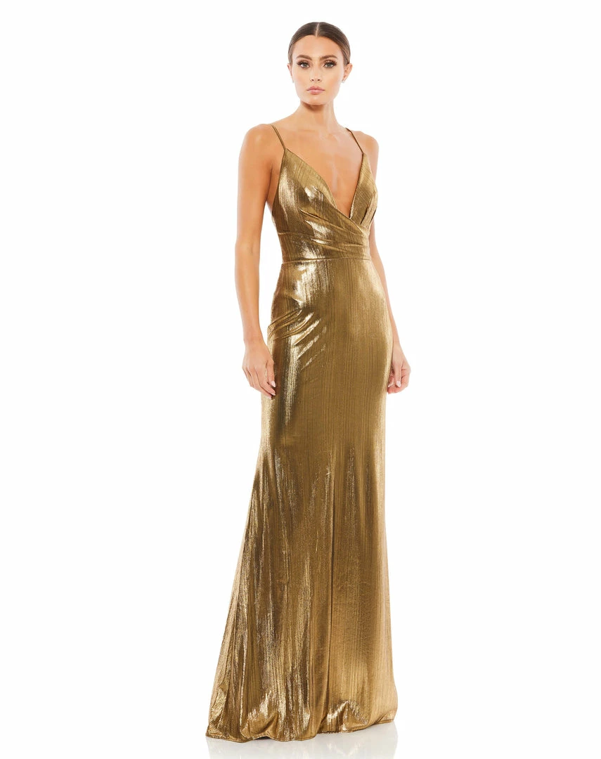Ieena For Mac Duggal Shop For Metallic Faux Wrap Spaghetti Strap Gown 1 Ieena For Mac Duggal Shop For Metallic Faux Wrap Spaghetti Strap Gown