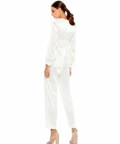 Ieena For Mac Duggal Long Sleeve Ruched Plunging Neck Jumpsuit