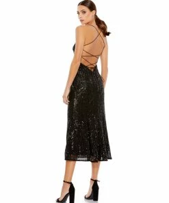 Ieena For Mac Duggal Stretch Sequin Midi Dress W/ Lace Up Back