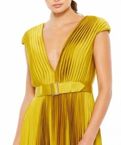 Ieena For Mac Duggal Pleated Cap Sleeve Belted A-Line Midi Dress