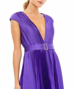Ieena For Mac Duggal Pleated Cap Sleeve Belted A-Line Midi Dress