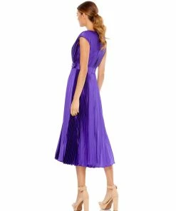 Ieena For Mac Duggal Pleated Cap Sleeve Belted A-Line Midi Dress