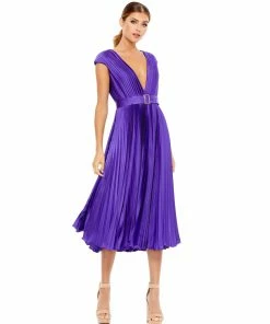 Ieena For Mac Duggal Pleated Cap Sleeve Belted A-Line Midi Dress