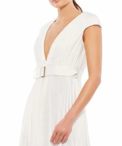 Ieena For Mac Duggal Pleated Cap Sleeve Belted A-Line Midi Dress