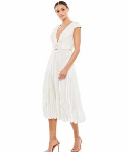 Ieena For Mac Duggal Pleated Cap Sleeve Belted A-Line Midi Dress