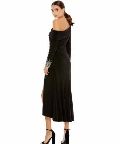 Ieena For Mac Duggal Foldover Long Sleeve Jeweled Midi Dress Shop For