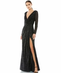 Ieena For Mac Duggal Long Sleeve Ruched Faux Wrap Sequined Gown