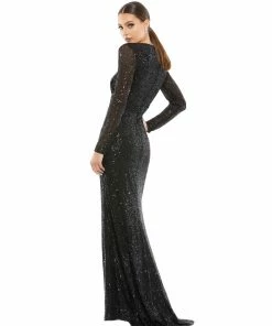 Ieena For Mac Duggal Long Sleeve Ruched Faux Wrap Sequined Gown