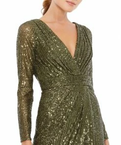 Ieena For Mac Duggal Long Sleeve Ruched Faux Wrap Sequined Gown