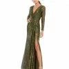 Ieena For Mac Duggal Long Sleeve Ruched Faux Wrap Sequined Gown