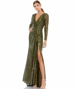 Ieena For Mac Duggal Long Sleeve Ruched Faux Wrap Sequined Gown