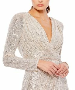 Ieena For Mac Duggal Long Sleeve Ruched Faux Wrap Sequined Gown