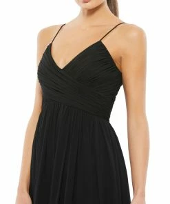 Ieena For Mac Duggal Ruched V-Neck Chiffon Pleated Midi Dress