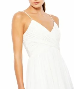 Ieena For Mac Duggal Ruched V-Neck Chiffon Pleated Midi Dress