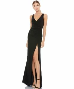 Ieena For Mac Duggal Ruched Stretch Jersey V-Neck Gown Shop For