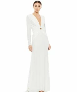 Ieena For Mac Duggal Gathered Pearl Long Sleeve Keyhole Gown