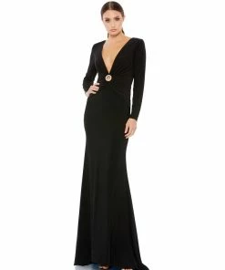 Ieena For Mac Duggal Gathered Pearl Long Sleeve Keyhole Gown