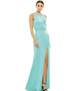 Ieena For Mac Duggal Sleeveless Rhinestone Collar Column Gown