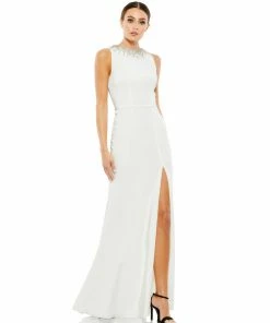 Ieena For Mac Duggal Sleeveless Rhinestone Collar Column Gown