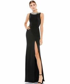 Ieena For Mac Duggal Sleeveless Rhinestone Collar Column Gown