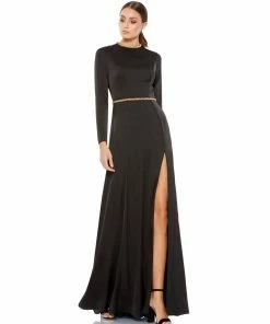 Ieena For Mac Duggal Long Sleeve Jewel Trimmed Charmeuse Gown Shop For