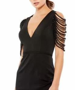 Ieena For Mac Duggal Short Dresses V-Neck Cocktail Dress W/ Beaded Sleeves