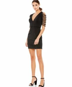 Ieena For Mac Duggal Short Dresses V-Neck Cocktail Dress W/ Beaded Sleeves
