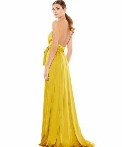 Ieena For Mac Duggal Pleated Charmeuse Halter Gown W/ Belted Waist Shop For
