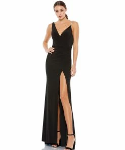 Ieena For Mac Duggal Asymmetrical Pearl Strap V-Neck Gown