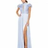 Ieena For Mac Duggal High Neck Ruffle Sleeve Pleated Keyhole Gown Bridesmaid Dresses