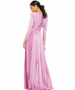 Ieena For Mac Duggal Pleated Long Sleeve V-Neck Gown