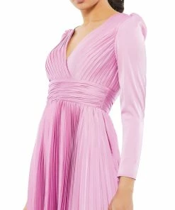 Ieena For Mac Duggal Pleated Long Sleeve V-Neck Gown
