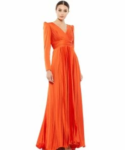Ieena For Mac Duggal Pleated Long Sleeve V-Neck Gown