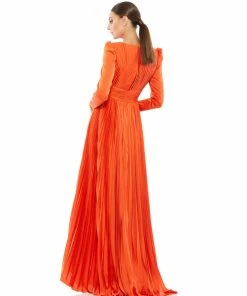 Ieena For Mac Duggal Pleated Long Sleeve V-Neck Gown